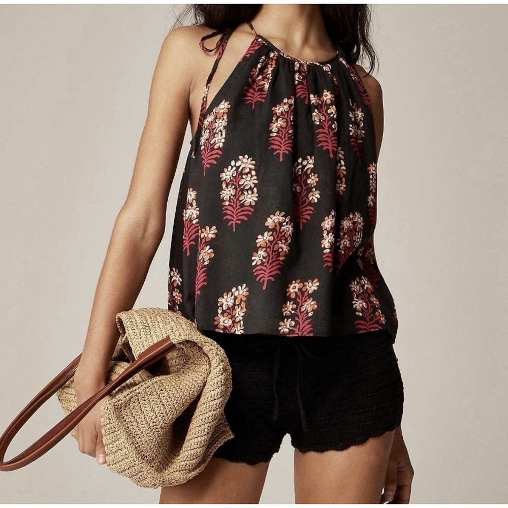 J. Crew Tie-Shoulder Tank Top Women's S Cocoa Block Print Cotton Voile Feminine